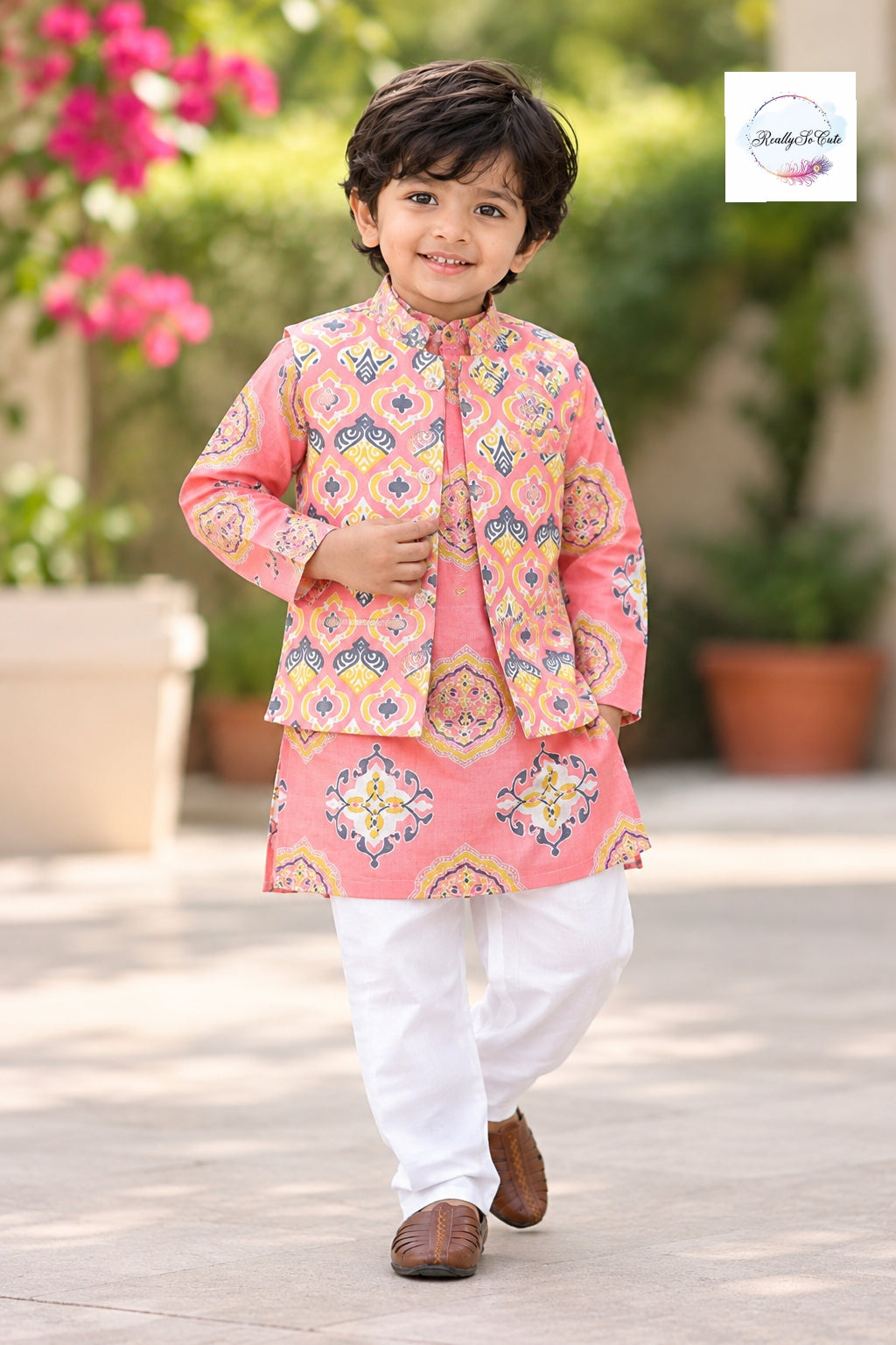 Boys Pure Cotton Printed Kurta Pajama with Nehru Jacket Set  | 1–10 Years