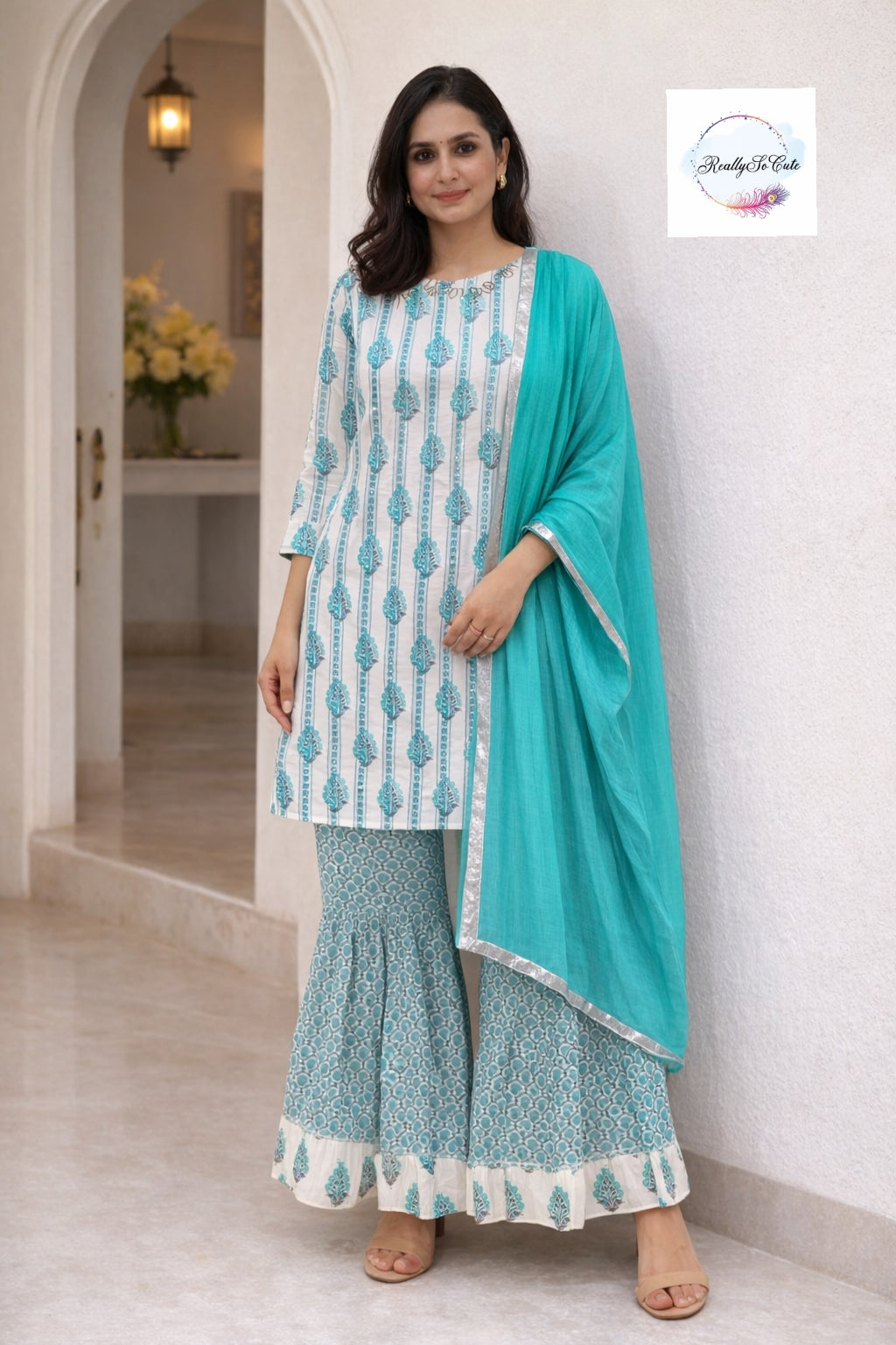 Aqua blue Block Print Cotton Kurta & Sharara Set for Women (Mom Only), block print set