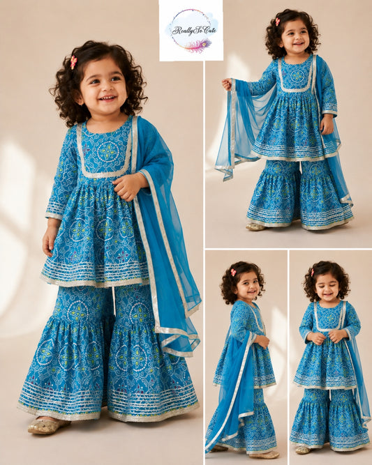 Blue Bandhani Cotton Sharara Set for Girls (3M–16Y) | Soft Ethnic Kidswear