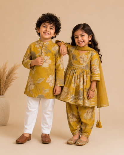 Mustard Floral Pure Cotton Boys Kurta Pajama Set | Sibling Matching Collection
