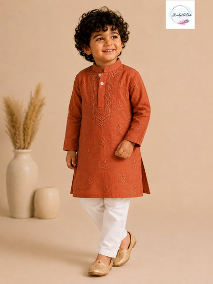 Boys Rust Handwork Chikankari Kurta Pajama Set | Pure Cotton