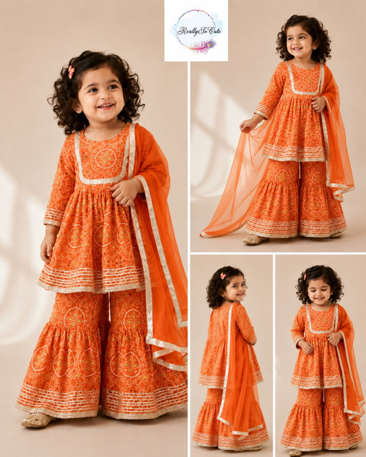 Girls Orange Bandhani Print Cotton Kurti Sharara Set with Dupatta