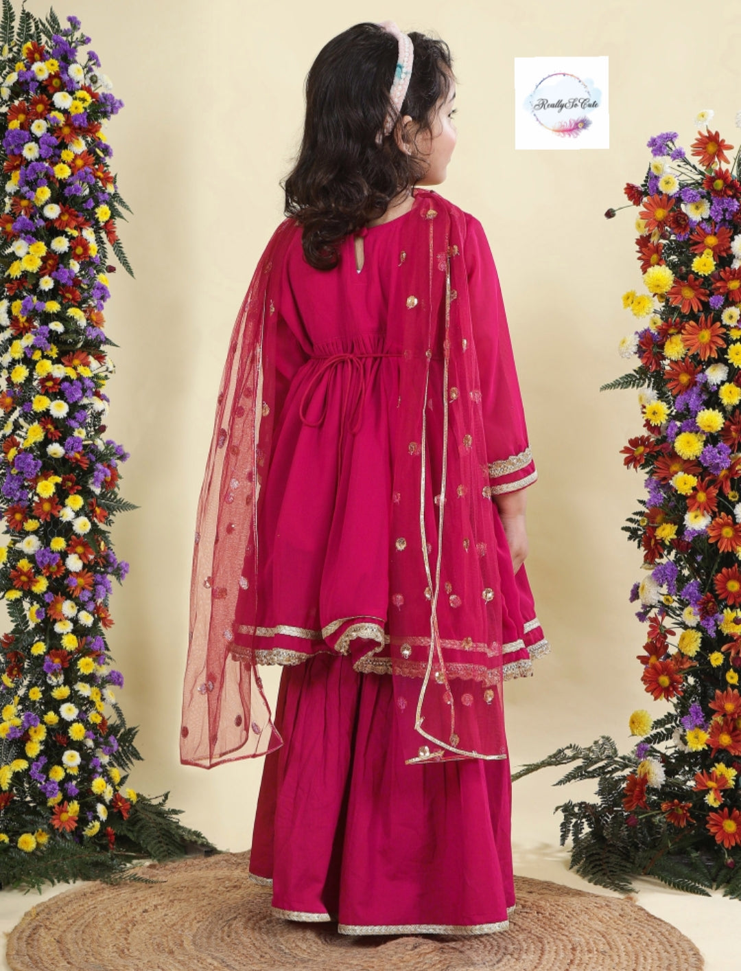 Hot pink Girls 3 piece sharara Kurti set, Soft Georgette kurti sharara set