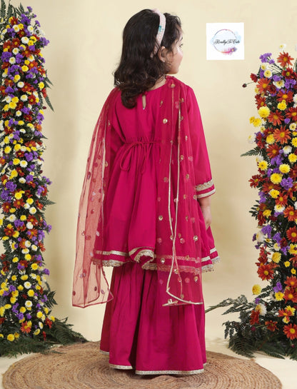 Hot pink Girls 3 piece sharara Kurti set, Soft Georgette kurti sharara set
