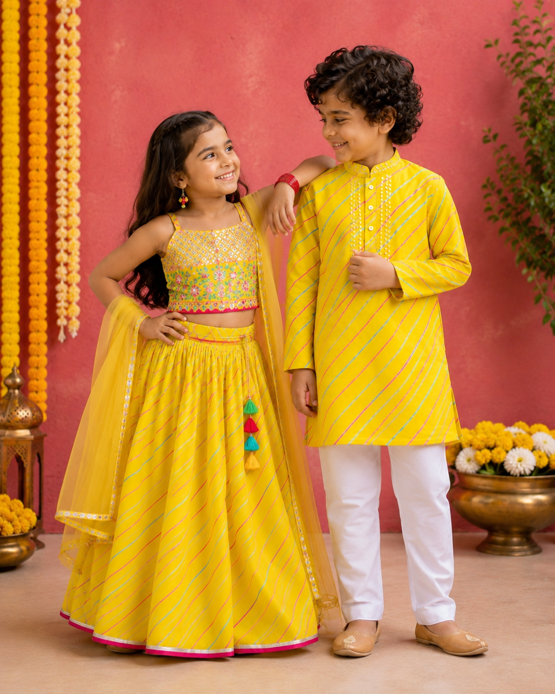 Sunshine Yellow Mirror Work Kurta Pajama Set for Boys