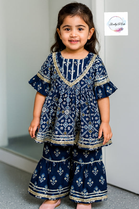 Blue patola girl kurti sharara set, cotton kurta sharara