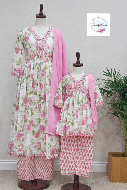 Soft Rose Floral Cotton Anarkali Set for Women (Mom Only) | Matching Mom & Me Outfit