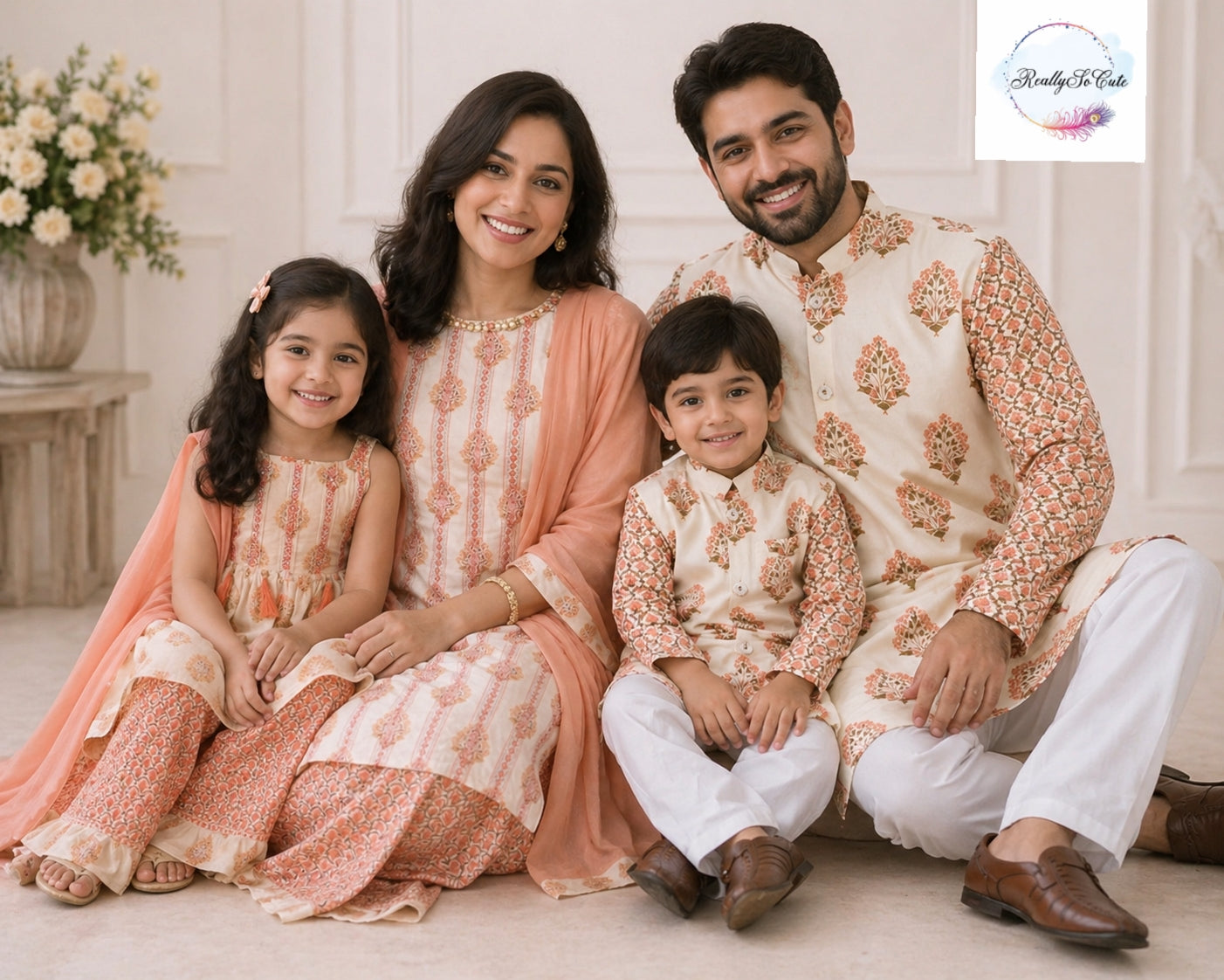 Block print jacket kurta pajama set, boy kurta pajama, Peach Block print