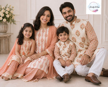 Block print jacket kurta pajama set, boy kurta pajama, Peach Block print