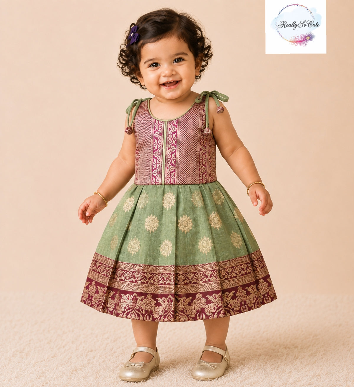 Sage Green & Magenta Pattu Baby Girl Dress with Shoulder Ties | Semi Silk