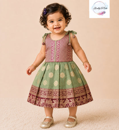 Sage Green & Magenta Pattu Baby Girl Dress with Shoulder Ties | Semi Silk
