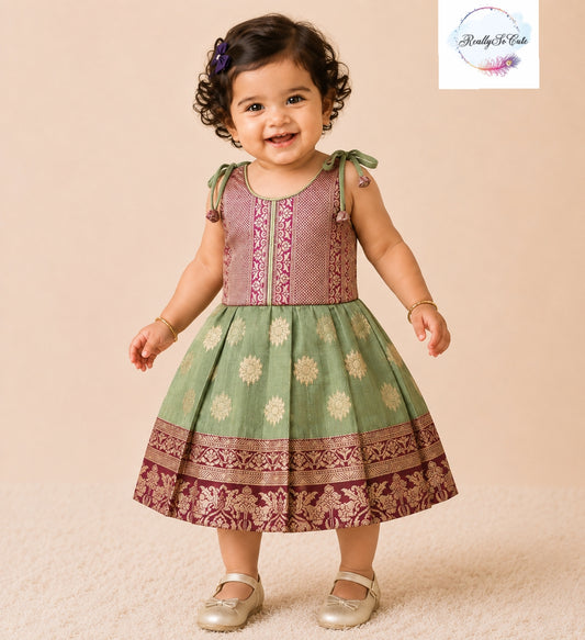 Sage Green & Magenta Pattu Baby Girl Dress with Shoulder Ties | Semi Silk