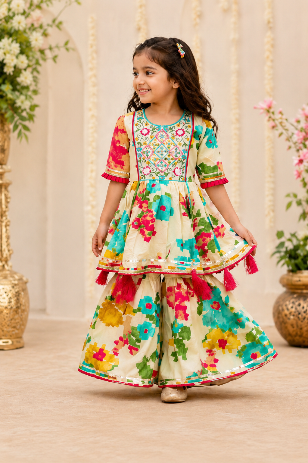 Girls Floral Sharara Set in Pure Cotton | Sibling Matching Outfit | 3M–15Y