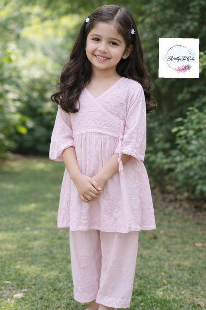 Muslin Little Girls Chikankari Kurtis sharara Set, Girls Festival Dress Set, modal Chikankari Dress Girls