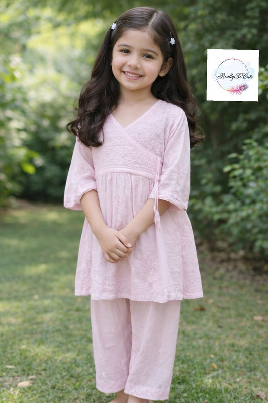 Muslin Little Girls Chikankari Kurtis sharara Set, Girls Festival Dress Set, modal Chikankari Dress Girls