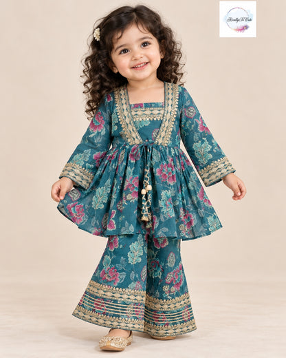 Teal Blue Floral Muslin 3-Piece Girls Ethnic Set | Long Kurti, Sharara & Palazzo Pants
Product Description: