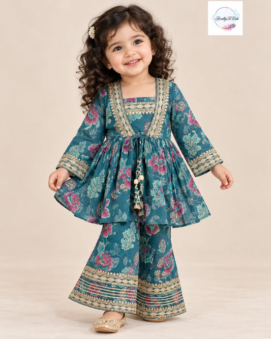 Teal Blue Floral Muslin 3-Piece Girls Ethnic Set | Long Kurti, Sharara & Palazzo Pants
Product Description: