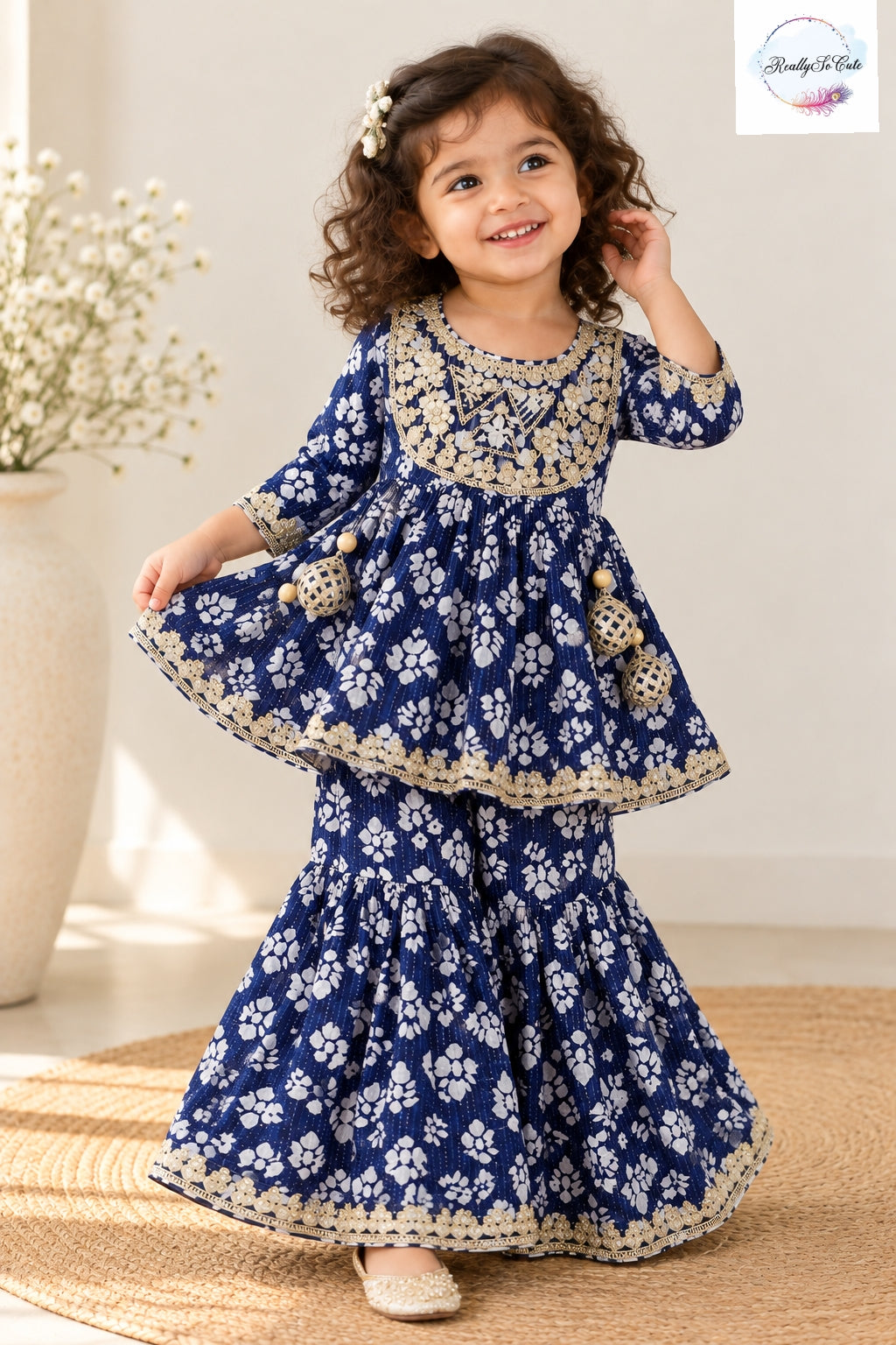 Indigo Blue Printed Girls Sharara Set with Gold Embroidery | Traditional Ethnic Wear