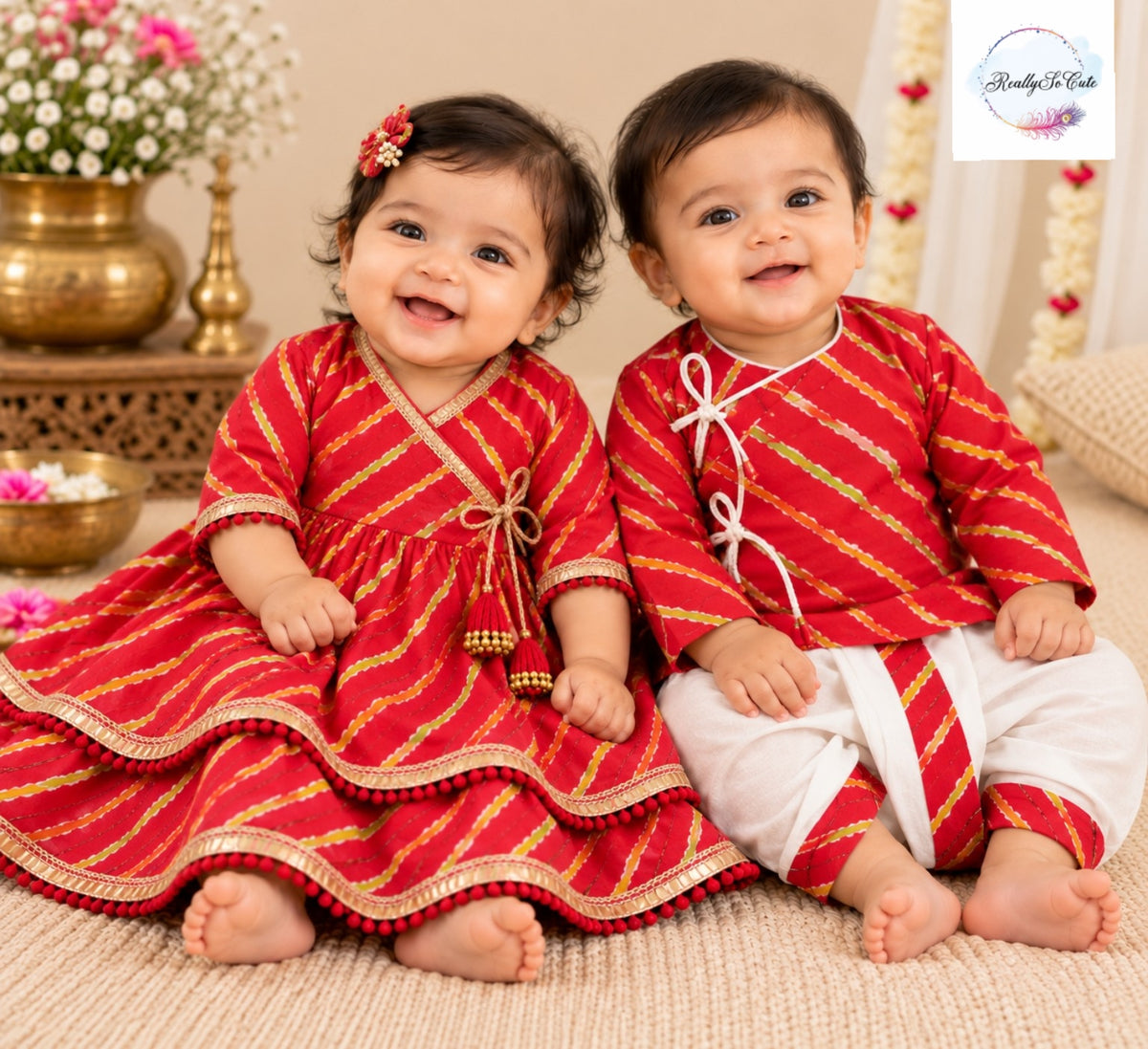 Baby red Leheriya Print Pure Cotton Angrakha lehagna Set | 0–2Y