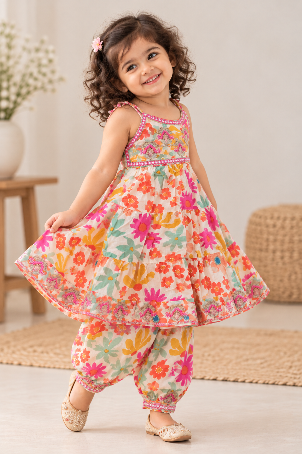 Girls Multicolor Printed Pure Cotton kurti pant Set with Dupatta | Festive Ethnic Wear