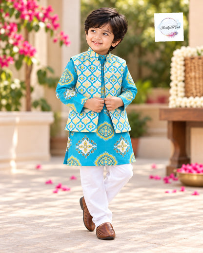 Boys Pure Cotton Printed Kurta Pajama with Nehru Jacket Set  | 1–10 Years