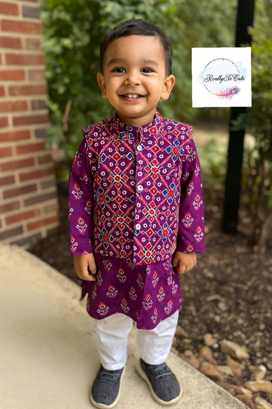 Boys' patola purple kurta pajama with jacket, cotton kurta pajama