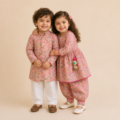 Girls Cotton Salwar Kurti Suit for Kids |Pink Floral kurti with salwar