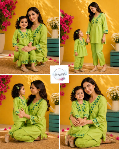 Lime Green Embroidered Cotton Mom Co-Ord Set with Pockets | Matching Mom & Daughter Outfit