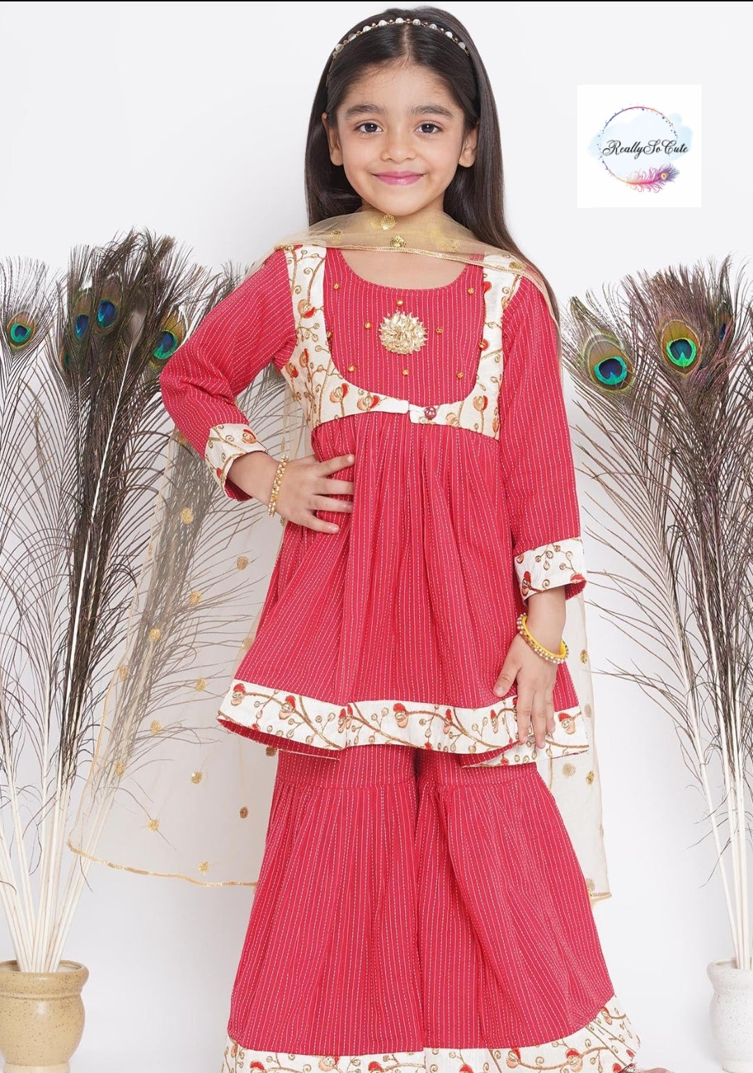 Katha soft cotton kurti sharara dupatta set. Red kurti sharara set, Pre-Order Set - Ships in 3 Weeks