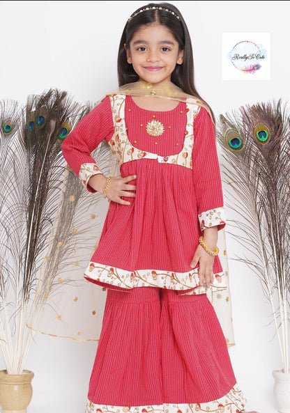 Katha soft cotton kurti sharara dupatta set. Red kurti sharara set, Pre-Order Set - Ships in 3 Weeks