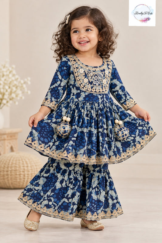 Indigo Blue Printed Girls Sharara Set with Gold Embroidery | Traditional Ethnic Wear
