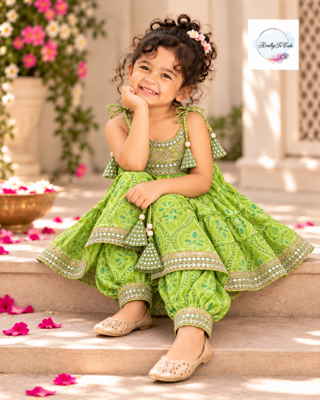 Green Bandhani Muslin Cotton Afghan Salwar Set, sibling combo