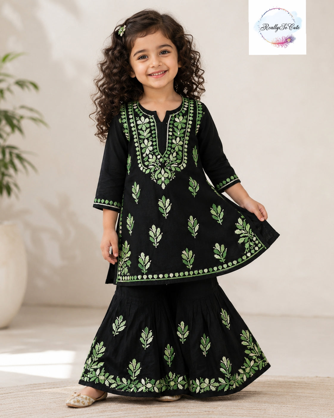 Girls Black & Green Handwork Chikankari Sharara Set | Soft Cotton