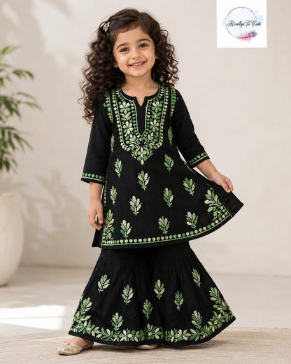 Girls Black & Green Handwork Chikankari Sharara Set | Soft Cotton