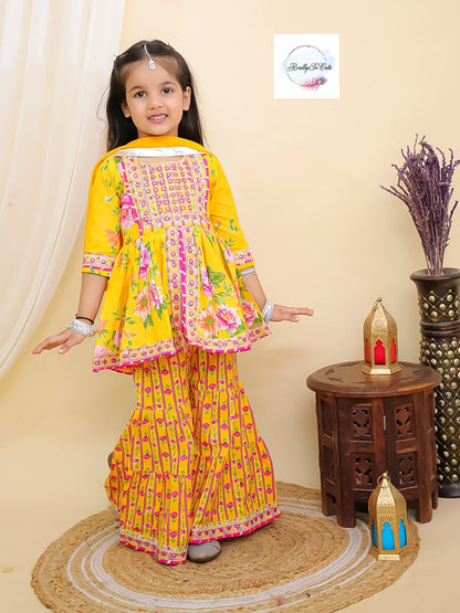 Yellow floral girl kurti sharara set, cotton kurta sharara