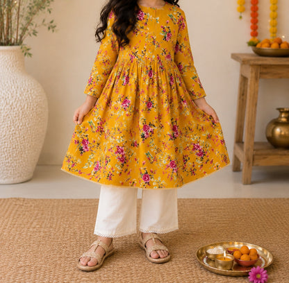 Mustard Floral Pure Cotton Gathered Kurta Set for Girls