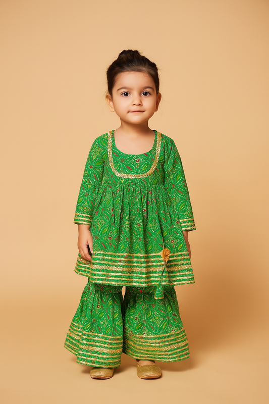 Girl Sharara kurti Set/  soft cotton kurta salwar set, green kurti sharara