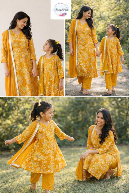Mustard Floral Muslin Kurta Set for Women with Pockets | Mom & Me Matching Available | S–XXL