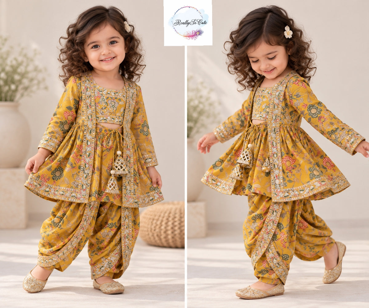 Mustard Yellow Floral Embroidered Dhoti Pant Set for Girls | 3-Piece Ethnic Wear