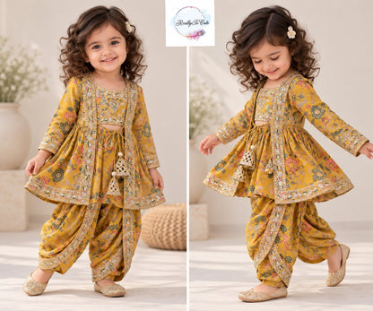 Mustard Yellow Floral Embroidered Dhoti Pant Set for Girls | 3-Piece Ethnic Wear