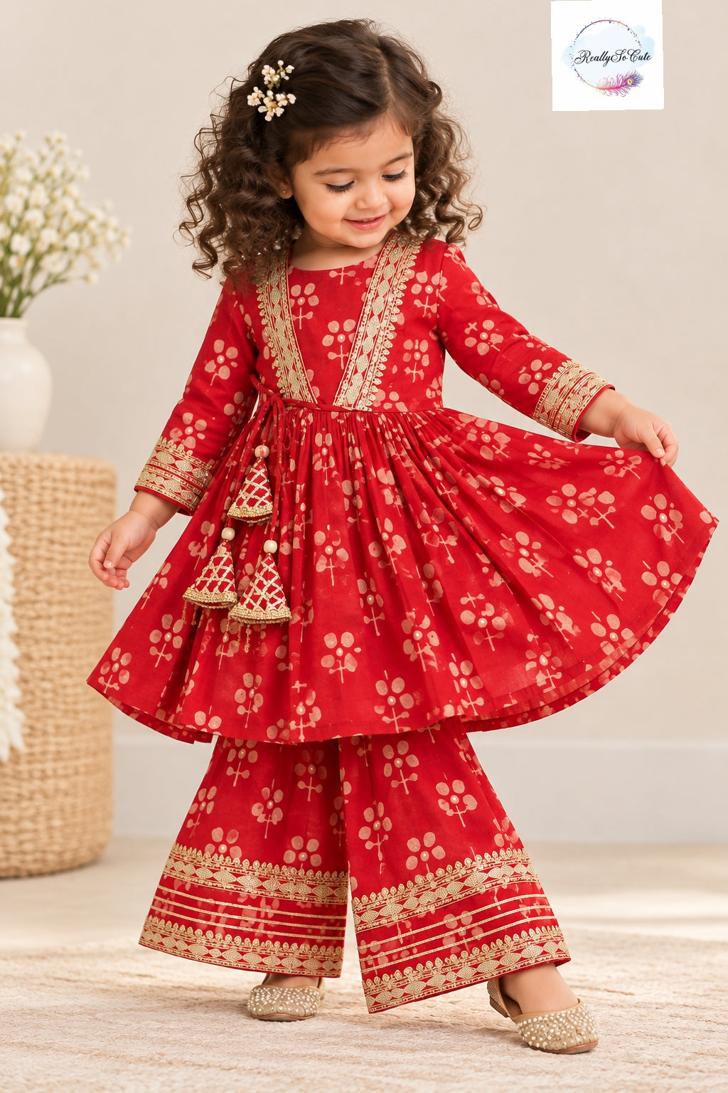Red Floral Printed Girls 3-Piece Ethnic Sharara Set with Gold Embroidery