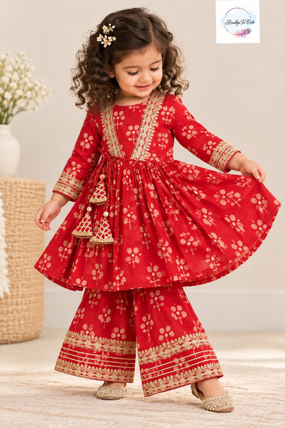 Red Floral Printed Girls 3-Piece Ethnic Sharara Set with Gold Embroidery