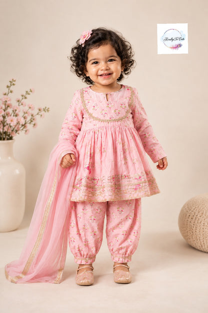 Blush Pink Floral Pure Cotton Girls Kurti Dhoti Set with Dupatta