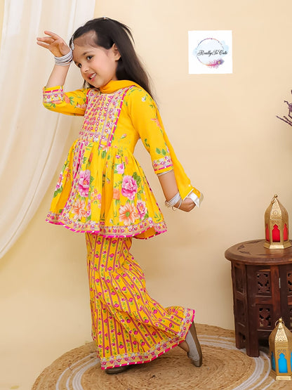 Yellow floral girl kurti sharara set, cotton kurta sharara