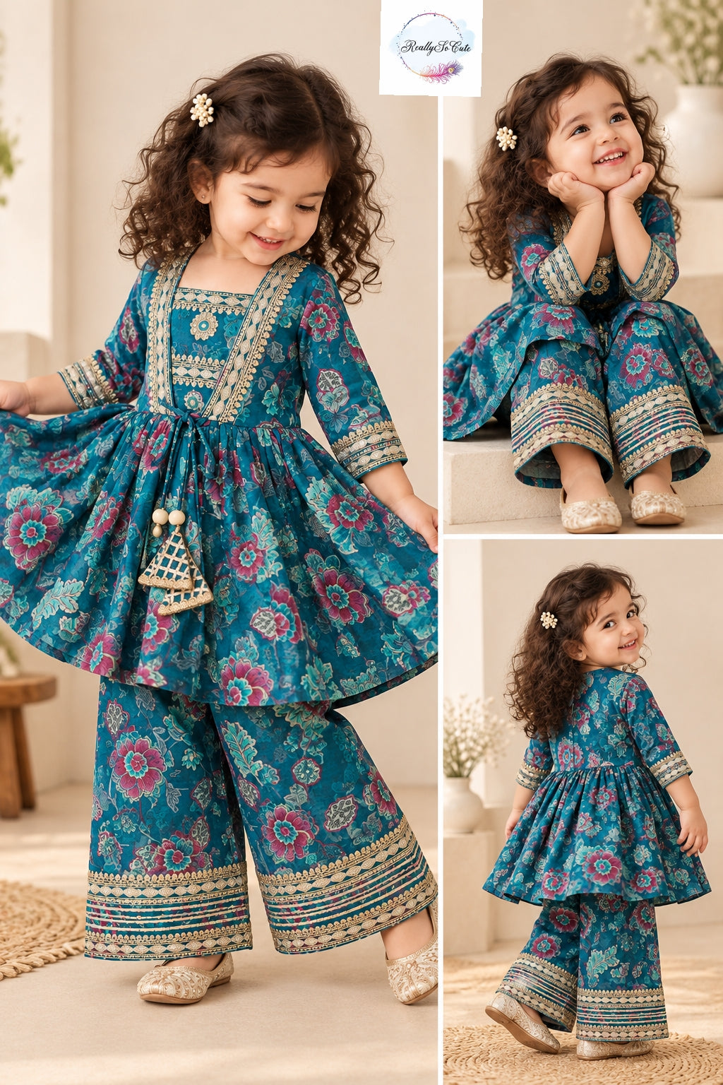 Teal Blue Floral Muslin 3-Piece Girls Ethnic Set | Long Kurti, Sharara & Palazzo Pants
Product Description: