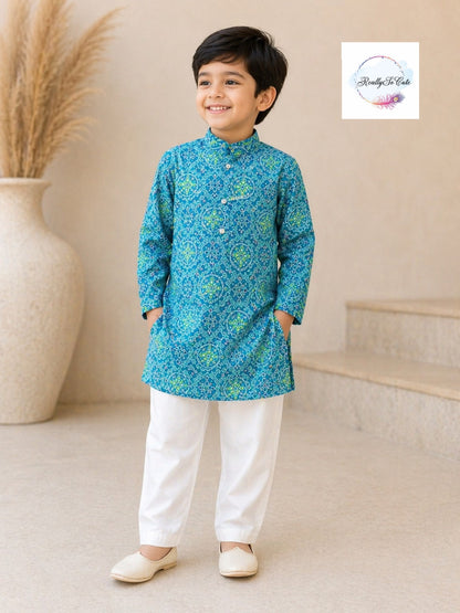 Blue Bandhani Print Boys Kurta Pajama Set in Soft Cotton, Kids Bandhani Outfit USA