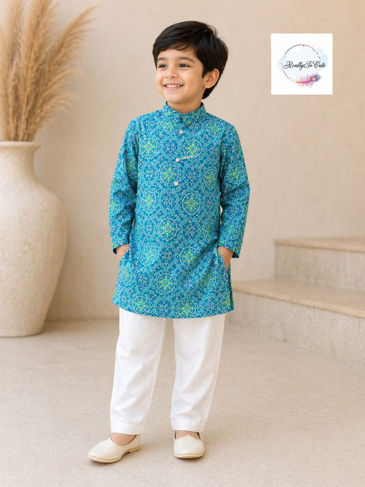 Blue Bandhani Print Boys Kurta Pajama Set in Soft Cotton