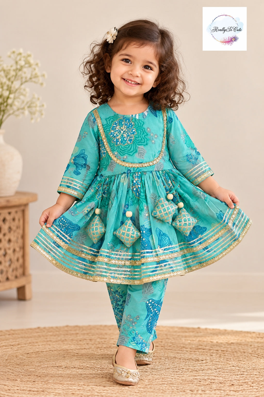 Pretty in blue Floral Peplum Kurti & Pant Set for Girls