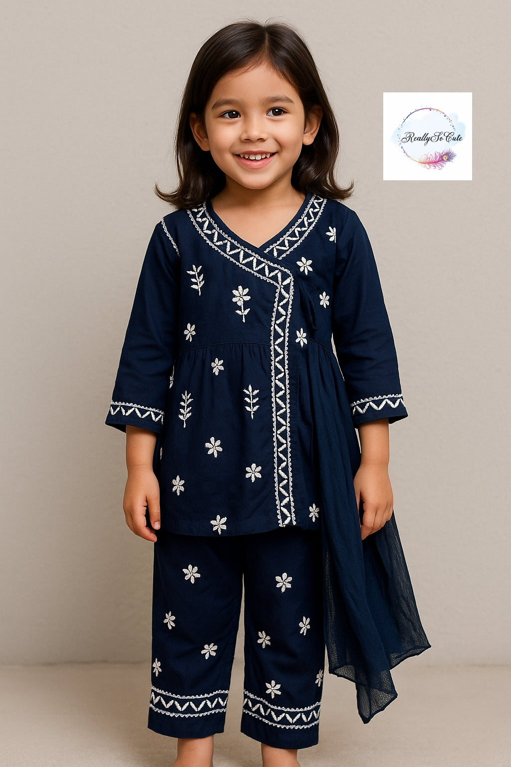 Blue Little Girls Chikankari Kurtis pant Set, Girls Modal Chikankari Dress