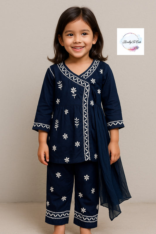 Blue Little Girls Chikankari Kurtis pant Set, Girls Modal Chikankari Dress